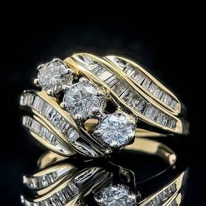 lot 70B image: 1.50 Carat Diamond 3-Stone Rounds & Baguettes Cluster Ring in Yellow Gold $3,500 Retail VIDEO