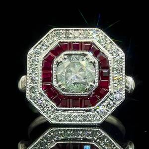 lot 13 image: 2.61 Carat Diamond Round Brilliant Solitaire & Natural Ruby Baguette Octagon Art Deco Styled Modern Ring in Platinum w Appraisal $25,760 VIDEO