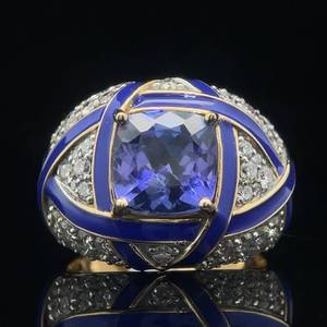 lot 11 image: 4.08 Carat Natural Tanzanite Solitaire & Diamond Pave Cluster Orbital Blue Enamel Inlay Dome Ring in 18k Yellow Gold w GIA Report & Appraisal $18,200.00 VIDEO