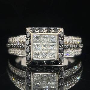 lot 71B image: Fancy Diamond Ring White & Black Diamonds Square Top Ring in 18k White Gold, Solid Euro Shank $5,750 Retail VIDEO