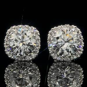 lot 3 image: 4.32 Carat Round Brilliant Diamond Cushion Halo Stud Earrings in 14k White Gold $8,100 Retail VIDEO