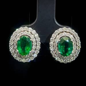 lot 16 image: Stunning 3.72 Carat Oval Natural Emerald & Diamond Halo Earrings in 14k White Gold w Appraisal $11,765 VIDEO