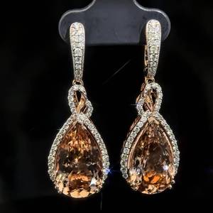 lot 25 image: 15.36 Carat Oscar Friedman Natural Morganite & Diamond Pear Drop Dangle Earrings in 14k Rose Gold w Appraisal $16,200 VIDEO