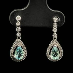 lot 44 image: Natural Blue Topaz & Diamond Linear Single Fringe Dangle Drop Earrings in White Gold $1,200 Retail