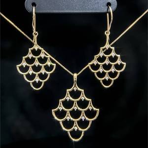 lot 68A image: Diamond Accented Necklace and Earring Matching Estate Set in 14k Yellow Gold $790 Retail