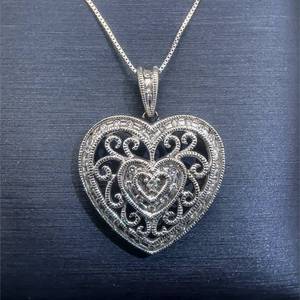 lot 53B image: Diamond Vintage Style Filigree Heart Pendant in 14k White Gold, Ornate, Beautiful Texture $1,372 Retail