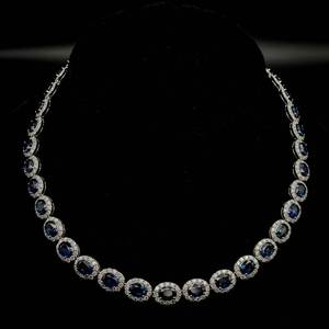 lot 4 image: NEW, Excellent Craftsmanship 40.75 Carat Natural Blue Sapphire & Diamond Halo Tennis Necklace in 14k White Gold w Appraisal $49,655.00