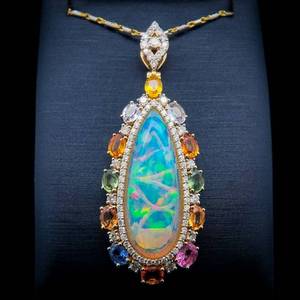 lot 32 image: STUNNING 14.57 Carat Natural White Opal, Rainbow Sapphire & Diamond Pendant 16 Necklace in 14k Gold w Appraisal $13,145 VIDEO