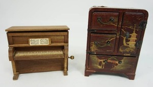 lot 2 image: Vintage Shackman Miniature Dollhouse Wooden Upright Piano Crank Music Box, Miniature Tansu Chest (Traditional Japanese Portable Storage Cabinet with Multiple DrawersCubbies,