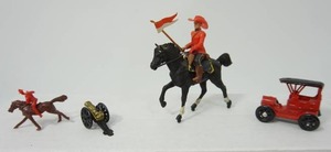 lot 4 image: W. Britains Toy Soldiers Royal Canadian Mounted Police wCowboy Hat, Toy Miniature Canon, CowboyHorse and Model-T
