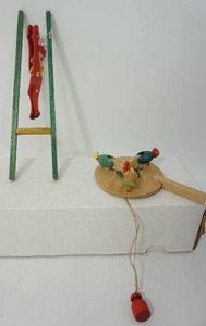 lot 9 image: 1960s Clown Acrobat Twirling Action Wood Sticks Made In Japan, Germany Wooden Toy Pecking Chickens Hens DREGENO...