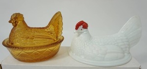 lot 10 image: Vintage Milk Glass Chicken Hen Nesting Lid, Amber Glass Nesting Chicken Hen with Diamond Pattern Base