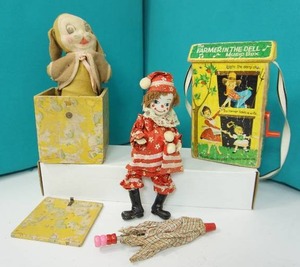 lot 25 image: Collectible Vintage Toy Porcelain Clown of the World Dolls Bendable Limbs Circus Figure, Early 1900s Wood Box Easter Bunny Pop-Up Jack-in-the-Box, 1962 Fisher Price Farmer In The Dell Music Box #763 Nursery Rhymes