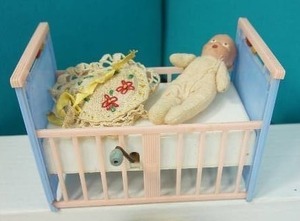 lot 27 image: Collectible Vintage Doll House Furniture 1950s Mattel Musical Toy Crib Plastic Metal Wood Pink Blue wBaby...