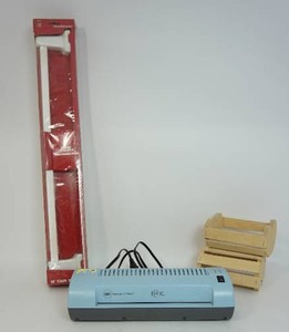 lot 44 image: ABC Creative Laminator Model Number 9, NIB Towel Bar, Wood Heart Bins...