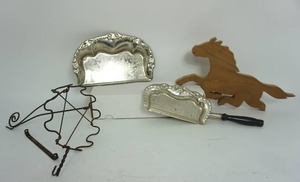 lot 49 image: Vintage Two-Piece Silver Silent Butler Crumb Catcher, Lantern Wall Mount, Wood Horse Silhouette...
