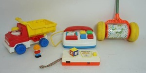 lot 54 image: Vintage Collectible Toys Fisher Price Chunky Little People Dump Truck #2374 wWorker 1992, Fisher-Price McDonalds Toddler Toy Play Phone 1999, 1963 Fisher Price Melody Chime Roller Metal Push Toy with Wooden Handle #757, FP Pocket Camera...