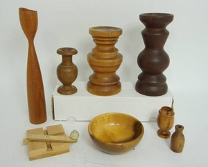 lot 56 image: Vintage Wood Turned Candlestick Holders, Vase, Bowl Etc.