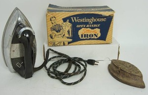 lot 57 image: Vintage Iron, Westinghouse Box, Vintage Small Asbestos Sad Iron