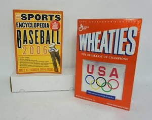 lot 59 image: Vintage Wheaties Box Olympic Team 1996 USA, Sports Encyclopedia Baseball by Richard M. Cohen, David S. Neft and Michael..