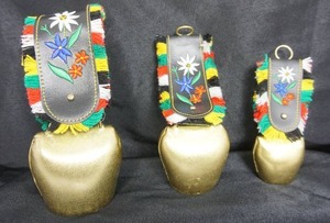 lot 61 image: Swiss Cow Bell Brass Leather Strap Fringe Hampi Appenzell Handwork Cow Floral Stitch...