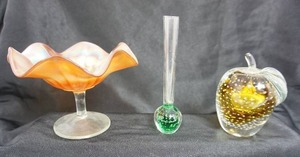 lot 63 image: Carnival Glass Compote Clear Pedestal Mid Century Glass Bowl Iridescent, Vintage Murano Style Hand Blown Glass Apple Amber Clear Glass Controlled Bubble Paperweight, Flower Bud 8-Inch Vase Green Bubble Glass Base