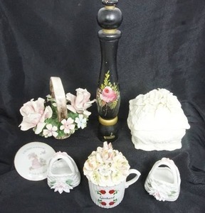 lot 65 image: Capodimonte Porcelain White Pink Rose Bush Basket ITALY, Lasting Treasures Porcelain Dish, White Bohemia Glassware Gerhard Coffee Mug, Porcelain Floral Bunch, Hand Decorated Pepper Grinder, Covered Porcelain Trinket Etc...