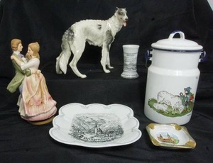 lot 73 image: Collectible Figurines, Munder Email Enamel Covered Pot, Ashtray Etc...