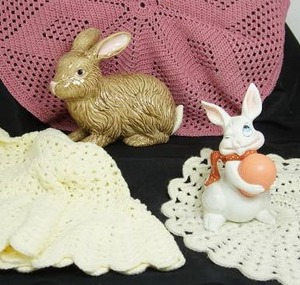 lot 74 image: Ceramic Easter Bunny, Vintage Doily Crocheted Table Linen...