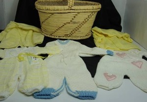 lot 76 image: Beautiful Vintage Infant Boy Girl Doll Knit Crocheted Clothing Onesie By Elsy Etc...