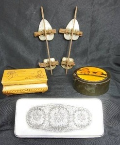 lot 78 image: Vintage 1900s Winchester Saranac() Hand Forged Metal Steel Ice Skates, Trinket Metal Wood Box Container...