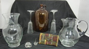 lot 81 image: Collectible Vintage Glass DeCor Including Swarovski Crystal Figurine Round King Hedgehog and Mouse, Brown Glass Finger Jug, Billfold  Etc...