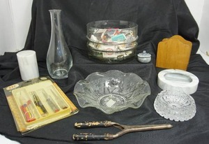 lot 85 image: Collectible Vintage Etched Glassware, Wood Marble Desktop Decor, Stamps Etc.