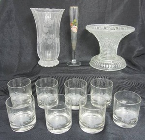 lot 88 image: Collectible Vintage Etched Crystal Glassware Vase Etc.