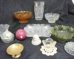 lot 90 image: Collectible Vintage Etched Crystal Glassware Amber Green  Etc.