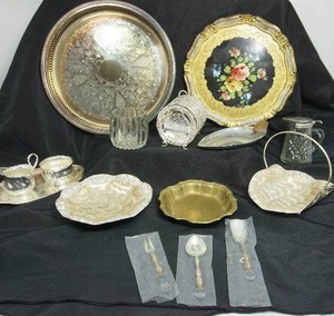 lot 91 image: Collectible Antique English Hand-Painted Gilt Encrusted Cabinet Plate, International Silver Company INTERLUDE Small Serving Utensils, Silver and Gold Serving Dishes Etc...