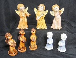 lot 94 image: Collectible Angel Cherub Including 4-Inch Wax Choir Singer Caroler, Three HOMCO #5400 Angel Figurines Playing Musical Instruments, Blue White Boy Girl Candle Holder Set...