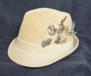 lot 97 image: RARE...Vintage Corduroy Tyrolean German Hat 1980s Trachten Alpine Headwear wBadge Pin-Back Brooch Hat Pins Lapel Hunting Austrian Hunter Grandel Chamois Oktoberfest Souvenir Silvrettasee Collection Etc...