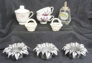 lot 98 image: German Collection of Austrian Sugar Pourer Circa 1960s Hand Painted Scene, Victorian Style Silver Figural Lily Flower Table Candle Holder, Tactile Art Woven Lattice Pottery Basket Bowl Etc...