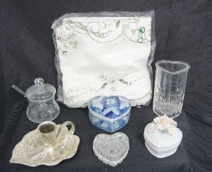 lot 99 image: Home DeCor Table Top Vintage Silver Heart Shaped Floral Chamberstick Candlestick, Floral Etched Glass Sugar Bowl Lid Spoon, Linen Cloth Floral, Heart Trinket Container Etc...
