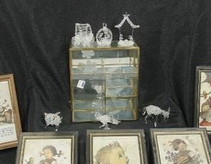 lot 100 image: Collectible Vintage Hand Spun Glass Miniature Elephant Turtle Cradle Goat Dolphin Etc. Some wGold Accents, Hummel Wall Plaques, Etched Glass Brass Display Shelf...