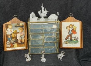 lot 101 image: Collectible Vintage Hand Spun Glass Miniature Elephant Turtle Cradle Goat Dolphin Etc. Some wGold Accents, Hummel Wall Plaques, Etched Glass Brass Display Case
