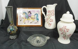 lot 108 image: Vintage Mexican Folk Art Tonala Floral 12-Inch Vase Signed Mexico, DeGrazia Merry Little Indian Carousel Pony Laminated Board Print, Vintage Clear Glass Citrus Juicer Reamer, Vintage Hand Painted Ginger JarPitcher 1988r