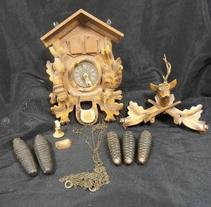 lot 109 image: Vintage Rare 1960s Double-Door Cuckoo Clock w Dead Hunted Animals Rabbits Pheasants Deer w Weights Thorens Movement Happy Wanderer Switzerland...