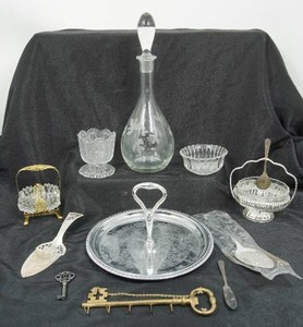 lot 110 image: Vintage Fancy Table Service-Ware Crystal Brass Glass Silver Keys Decanter Etched Shelton Ware Serving Handled Tray...