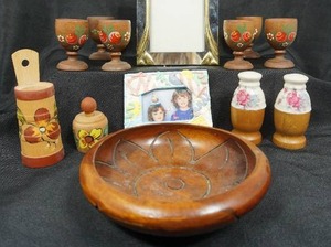 lot 111 image: Vintage Hand Painted Wood Egg Cups, Heart Butter Mold Press Stamp, Toothpick Holder Wall Mount, Carved Bowl Etc...
