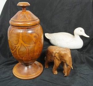 lot 112 image: Vintage Hand Carved Wood Lidded Jar Urn Pedestal Base, Hand Carved Elephant, Painted Pottery Duck...