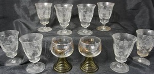 lot 116 image: Vintage Clear-Ribbed Etched Glass Stem Wine Goblet, Roman Clear Glass Gold Grapevine Green Beehive Base Cordial Wine Set of Two...