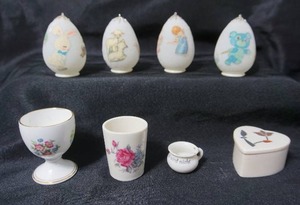 lot 118 image: Collectible Decoupage Sugared Decorated Egg Candle, Porcelain Hand Painted Egg Cup Silver Birch by ROYAL ALBERT, Miniature Ger-Stigt Chamber Pot Etc.....