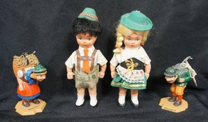 lot 120 image: Vintage NODDERS Bobble-Head Alps Hikers Man and Woman Figures Innsbruck Tirol Austria RARE, 1950s-60s Hard Plastic Celluloid Boy Girl Doll in Traditional German Costume